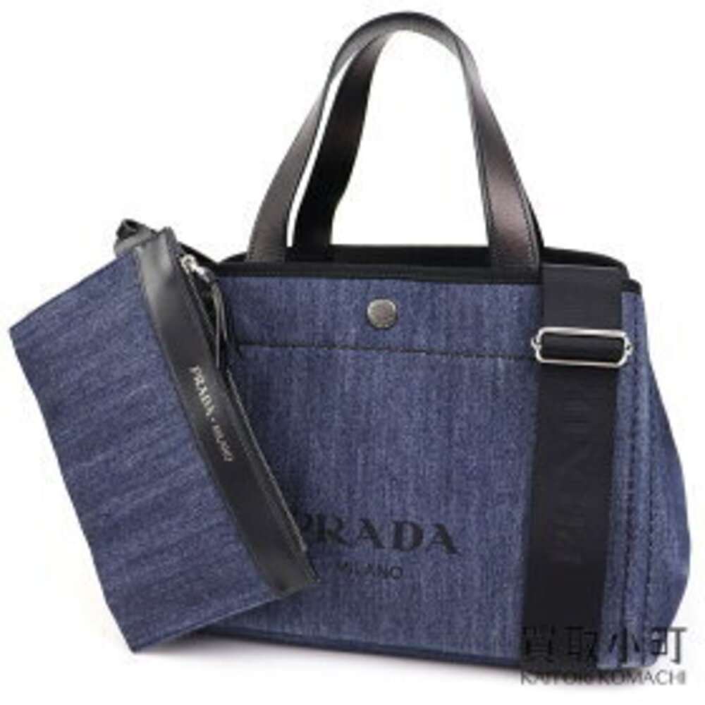 PRADA Leather Denim Tote Bag Blue Screen Lettering Logo Shoulder Handbag